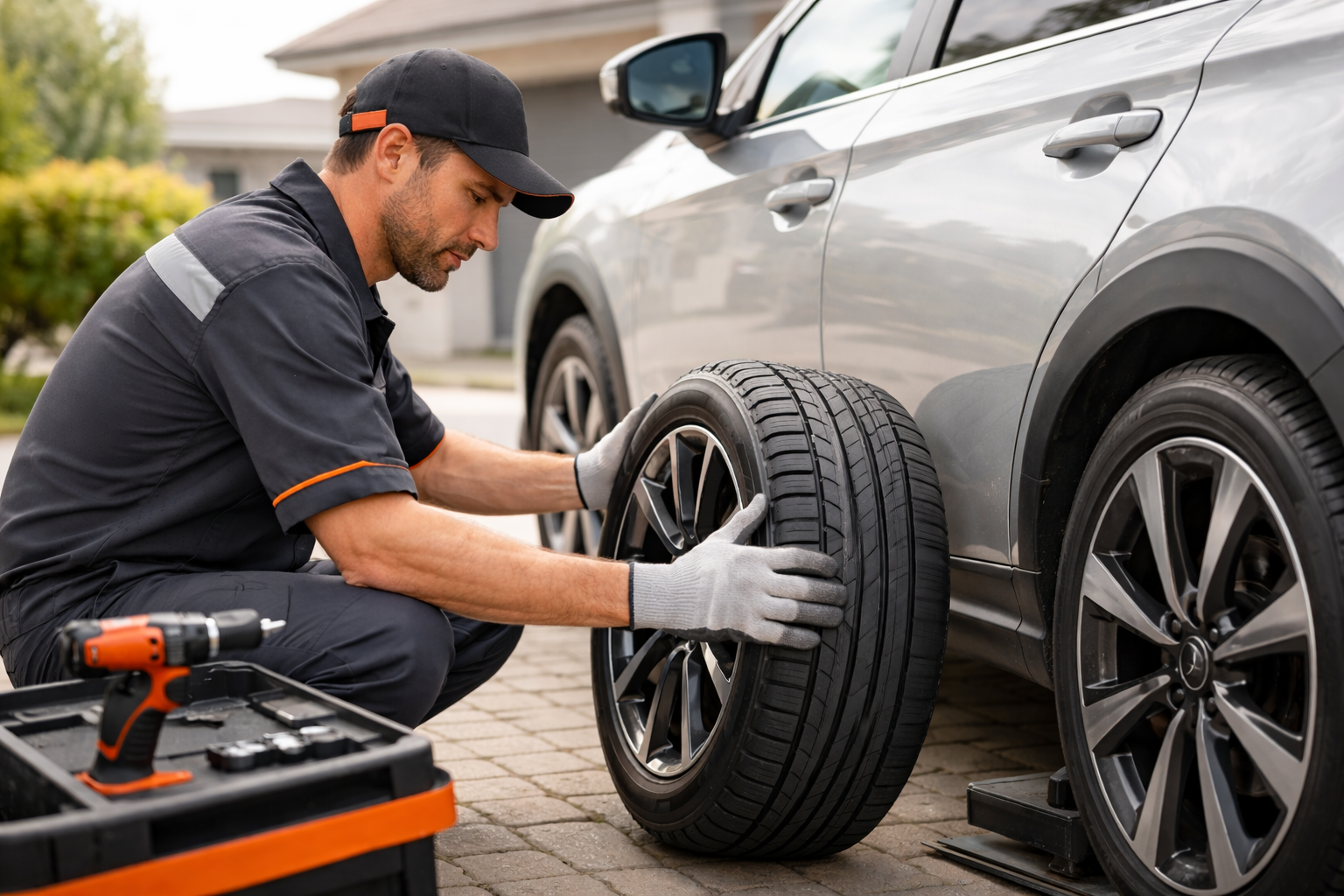 Professionnel installant des pneus a domicile